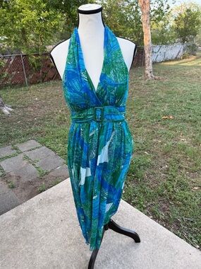 Cato Tropical Vacation Blue and Green Halter Dress with Belt